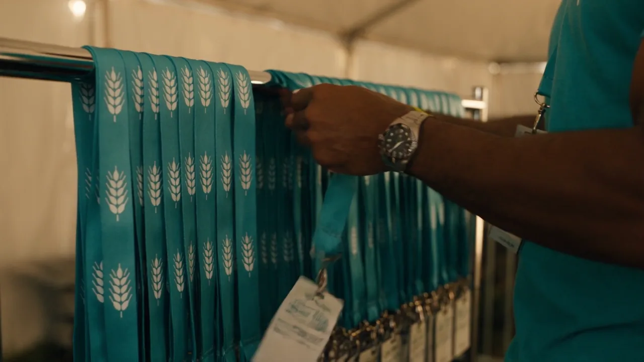 A rack of teal branded lanyards at a festival merch tent at golden hour