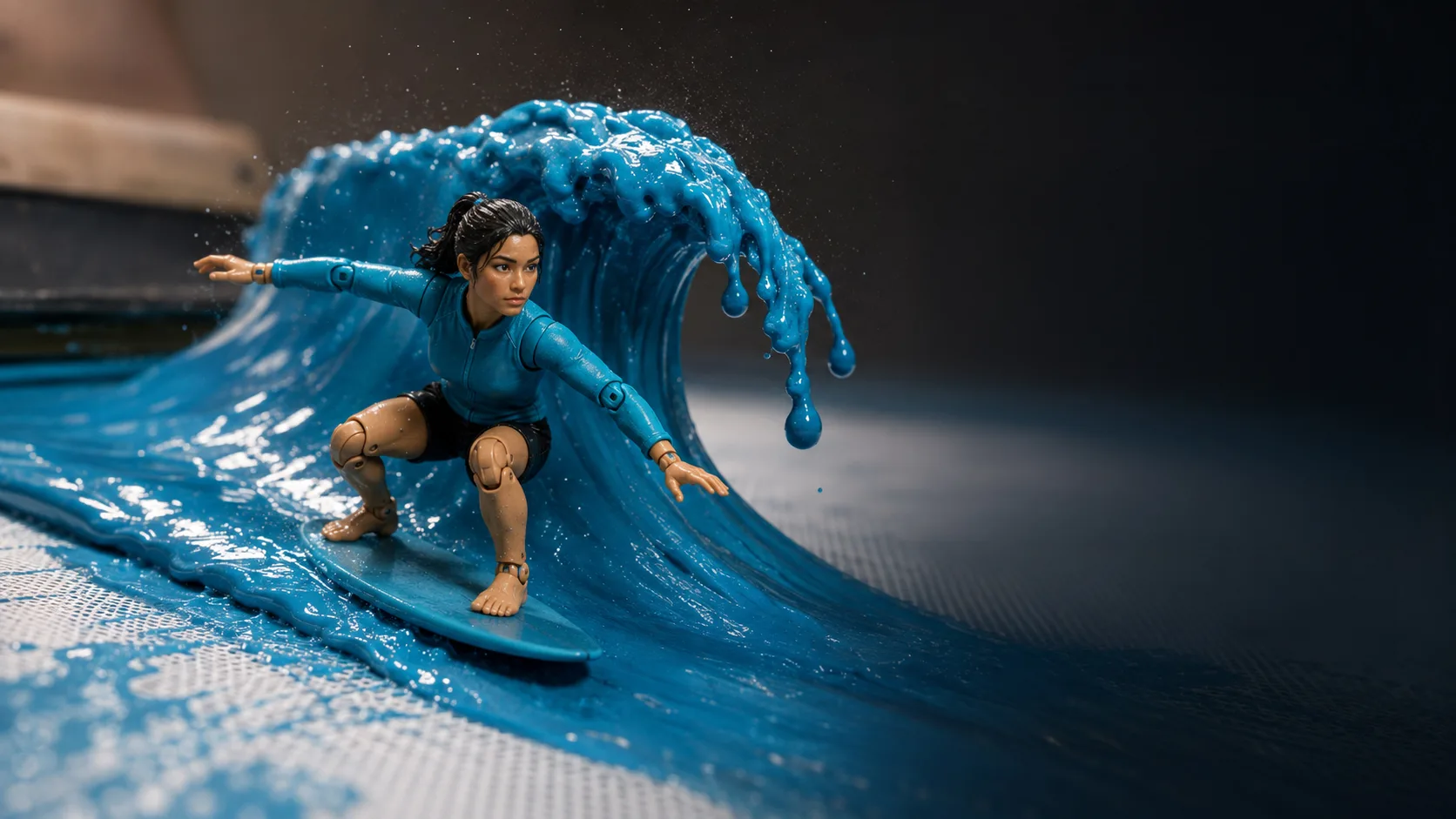 A miniature production figure riding a curling wave of cyan screen-print ink across a mesh screen
