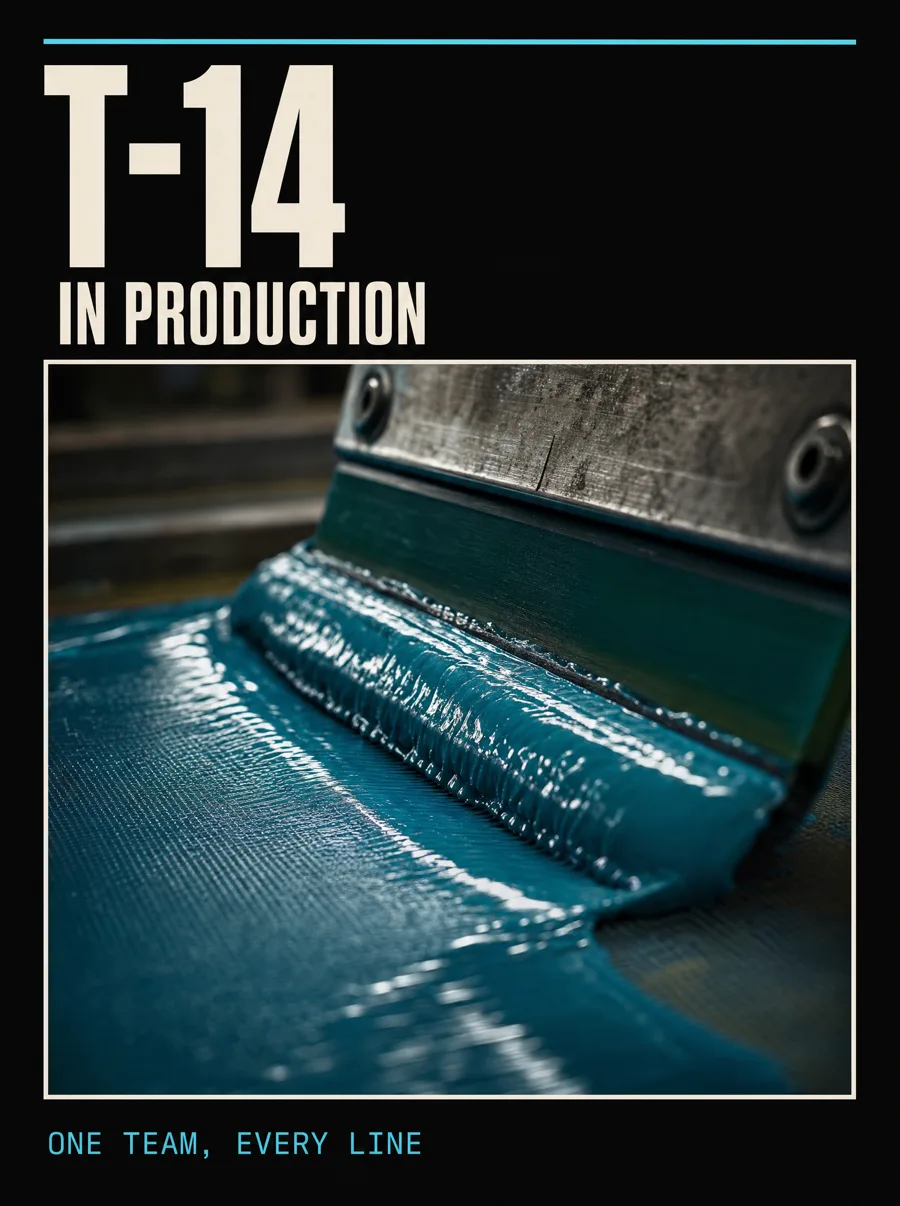 Countdown card T-14, in production: a squeegee pulling teal ink across a screen. Caption: one team, every line.