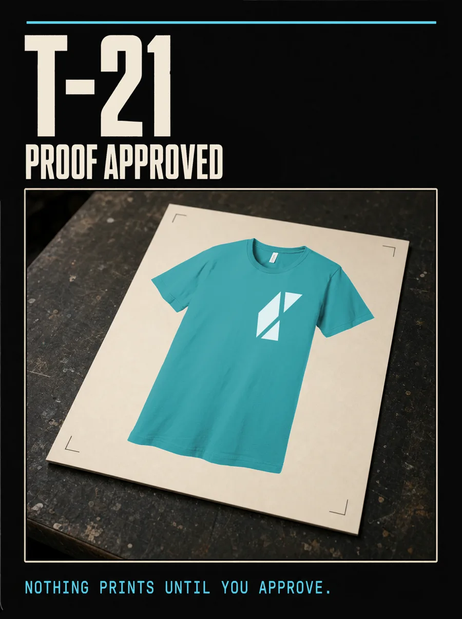 Countdown card T-21, proof approved: a teal tee proof sheet on a workbench. Caption: nothing prints until you approve.