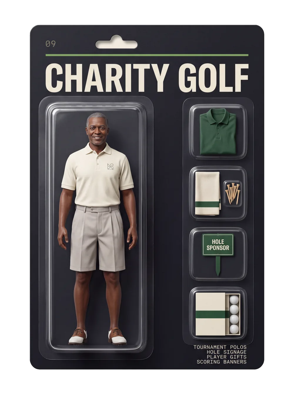Charity golf figurine pack — collectible-style blister card holding an event crew figure and themed gear for charity golf.