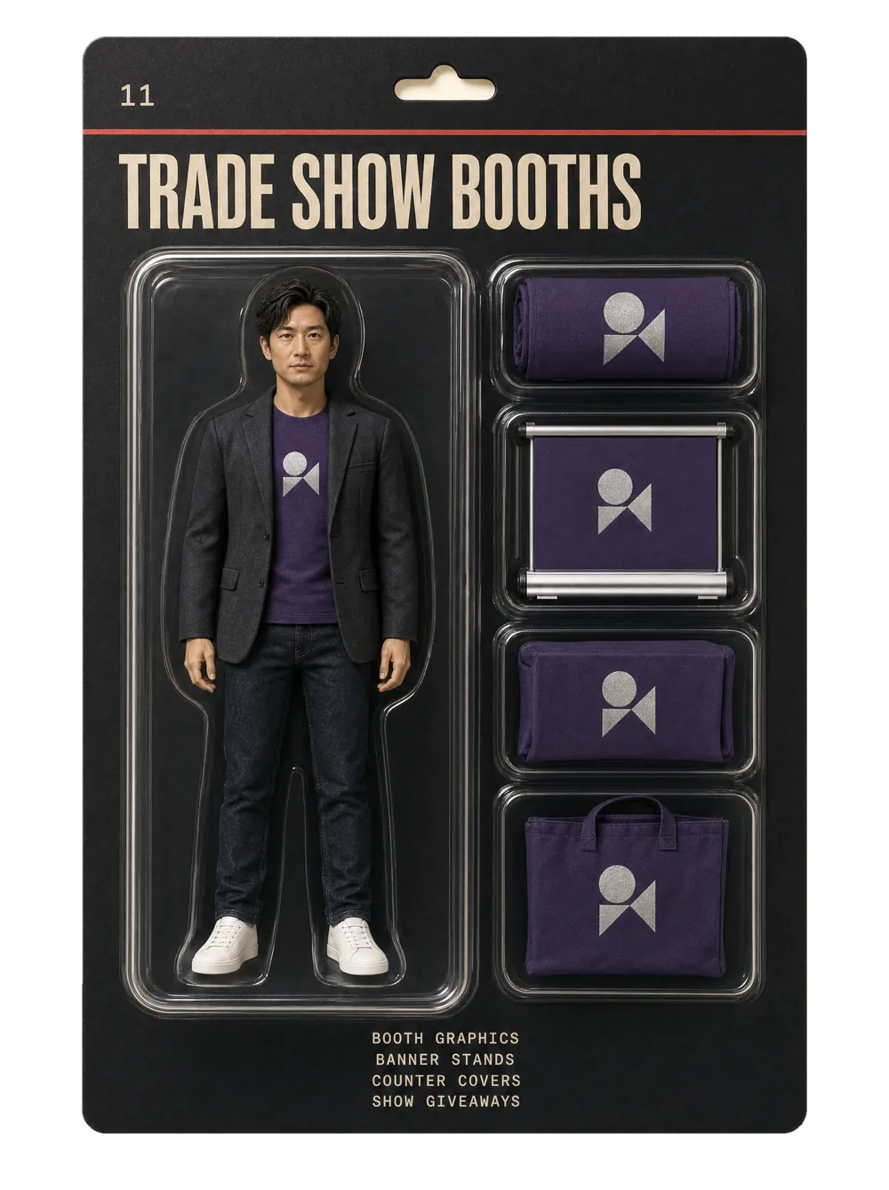 Trade show booths figurine pack — collectible-style blister card holding an event crew figure and themed gear for trade show booths.