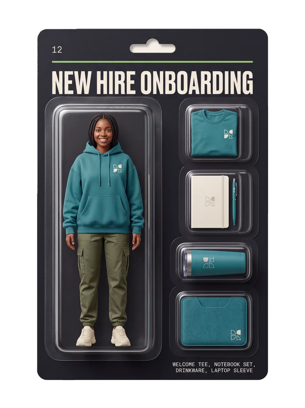 New hire onboarding figurine pack — collectible-style blister card holding an event crew figure and themed gear for new hire onboarding.