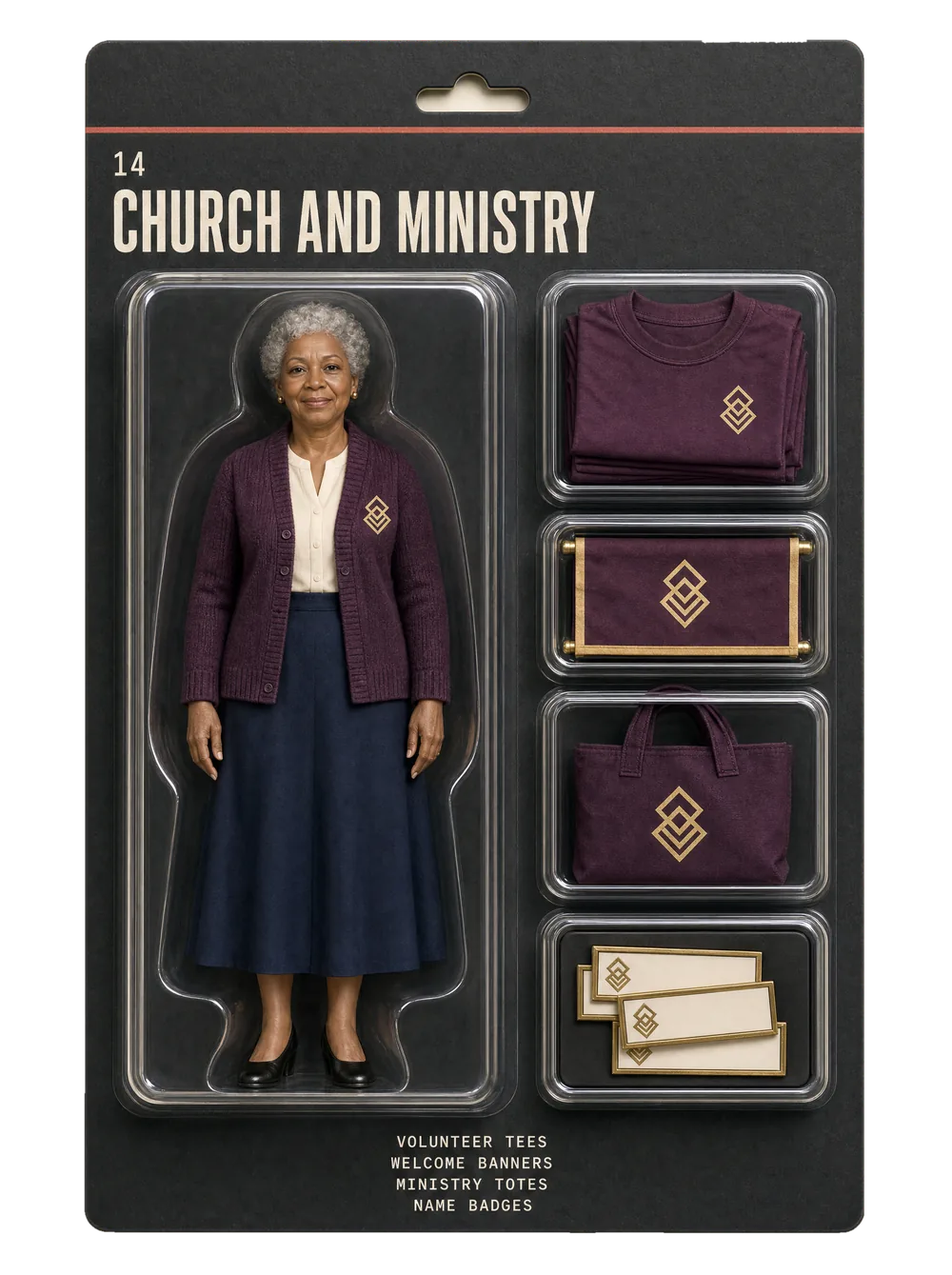 Church & ministry figurine pack — collectible-style blister card holding an event crew figure and themed gear for church & ministry.
