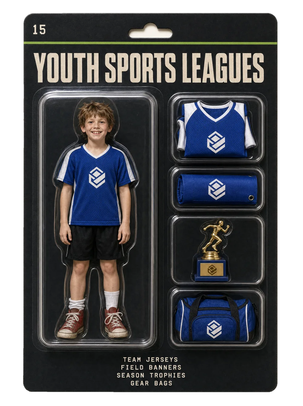 Youth sports leagues figurine pack — collectible-style blister card holding an event crew figure and themed gear for youth sports leagues.