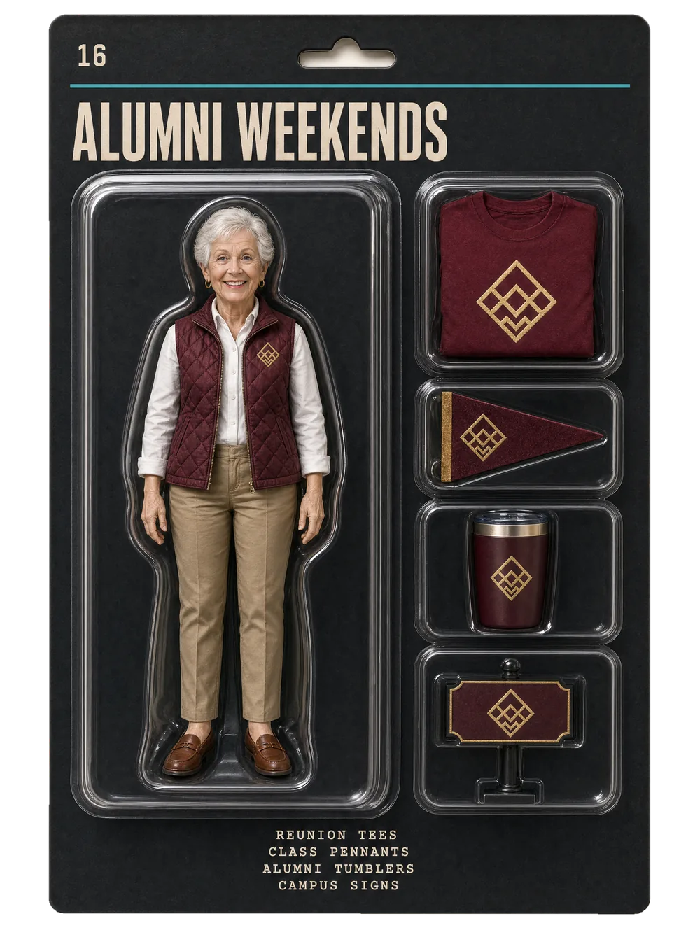 Alumni weekends figurine pack — collectible-style blister card holding an event crew figure and themed gear for alumni weekends.