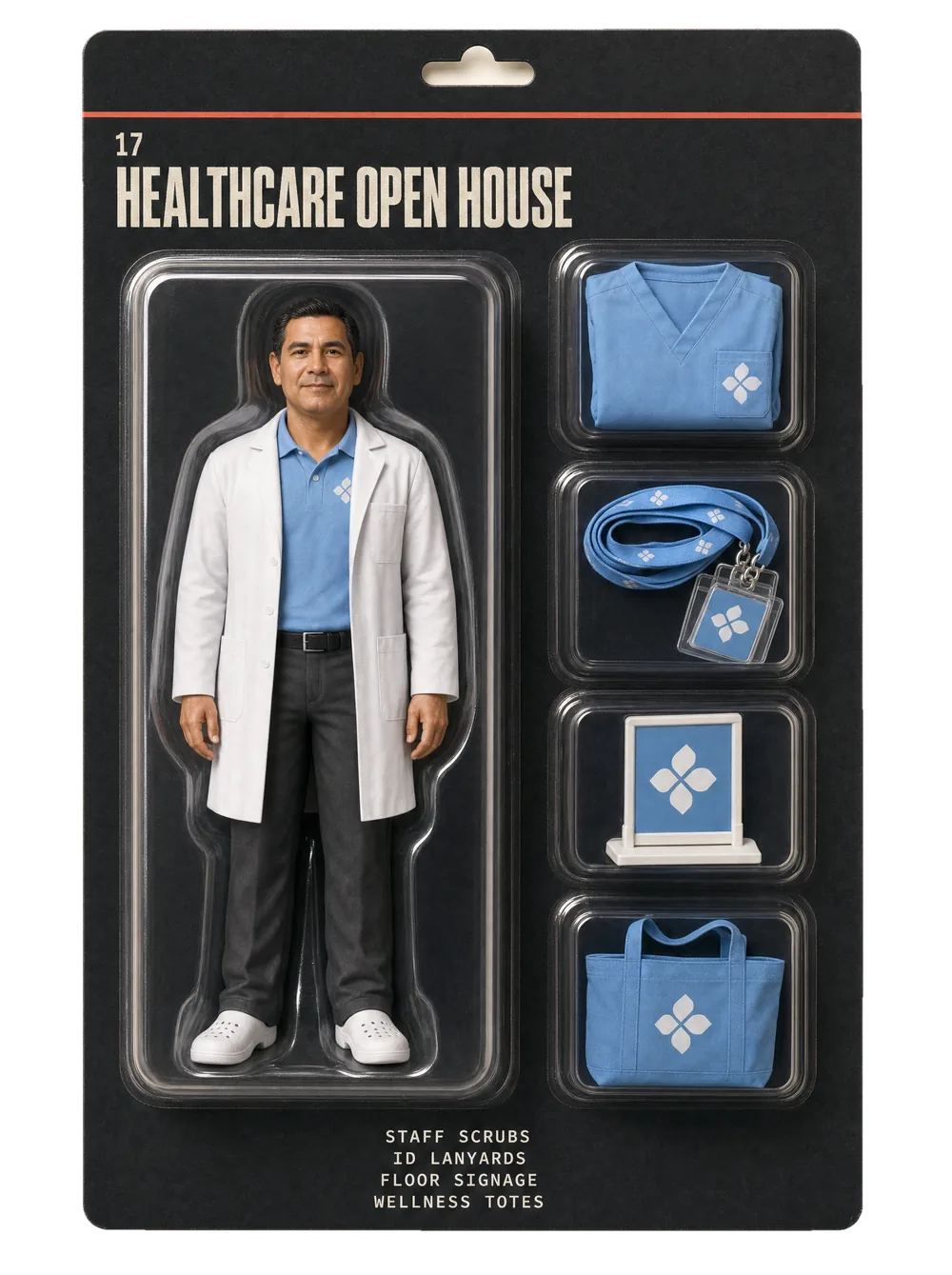 Healthcare open house figurine pack — collectible-style blister card holding an event crew figure and themed gear for healthcare open house.