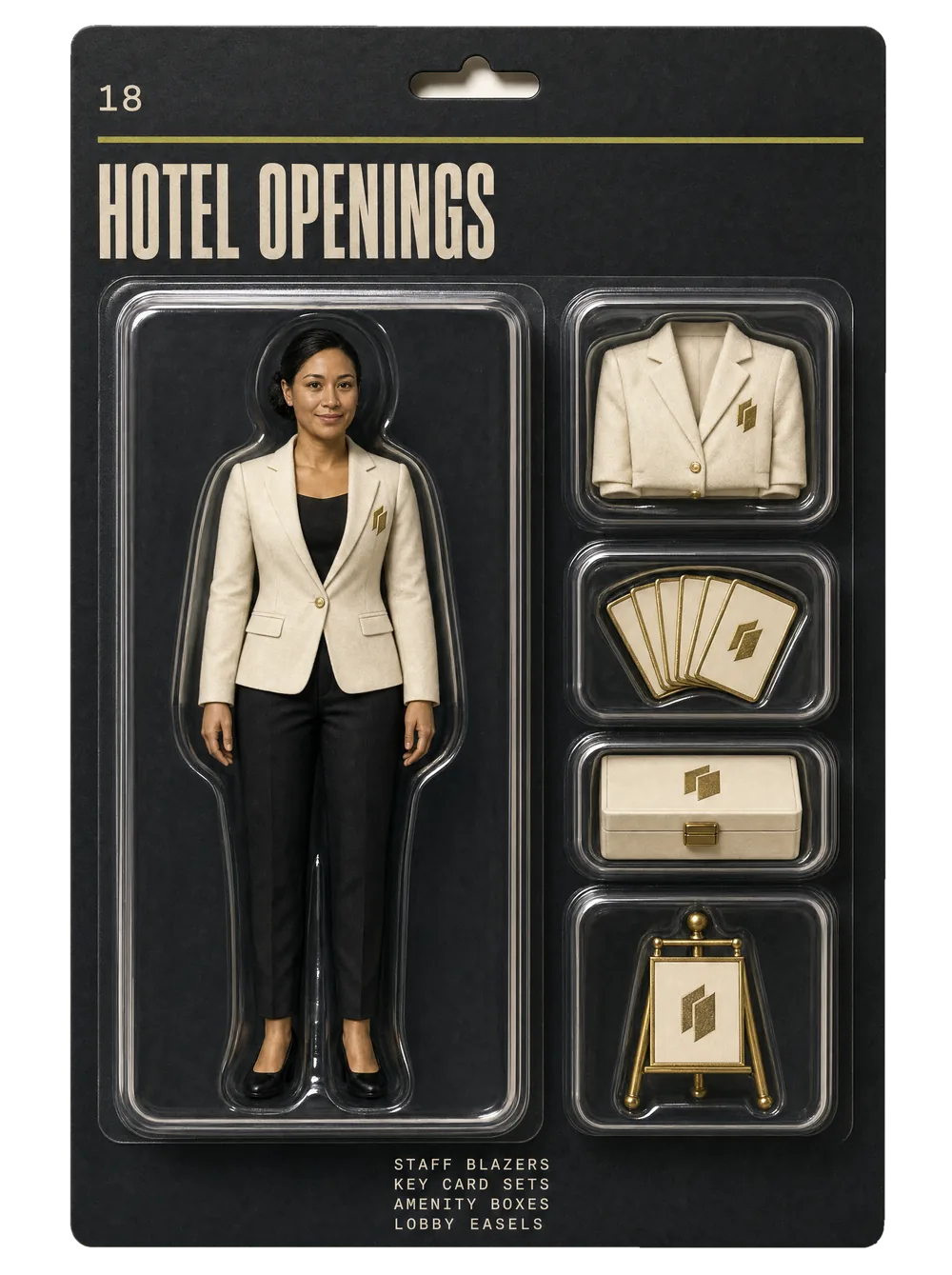 Hotel openings figurine pack — collectible-style blister card holding an event crew figure and themed gear for hotel openings.
