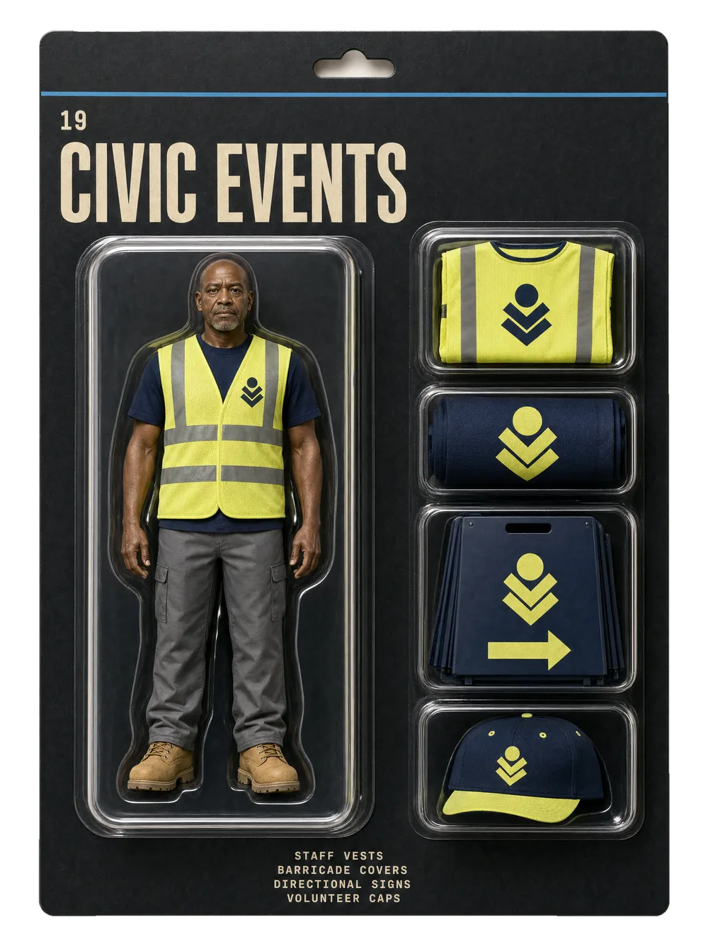 Civic events figurine pack — collectible-style blister card holding an event crew figure and themed gear for civic events.