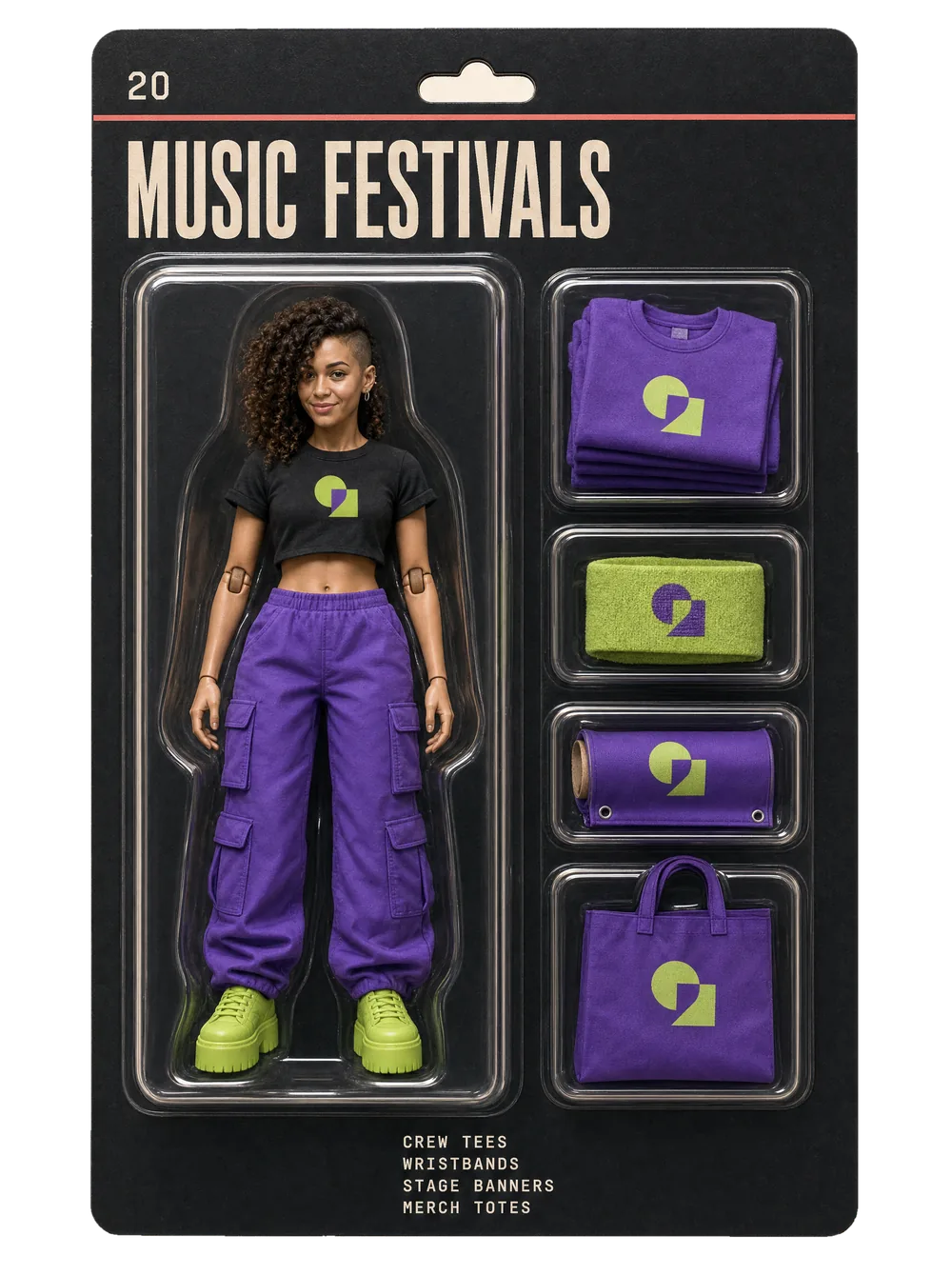 Music festivals figurine pack — collectible-style blister card holding an event crew figure and themed gear for music festivals.