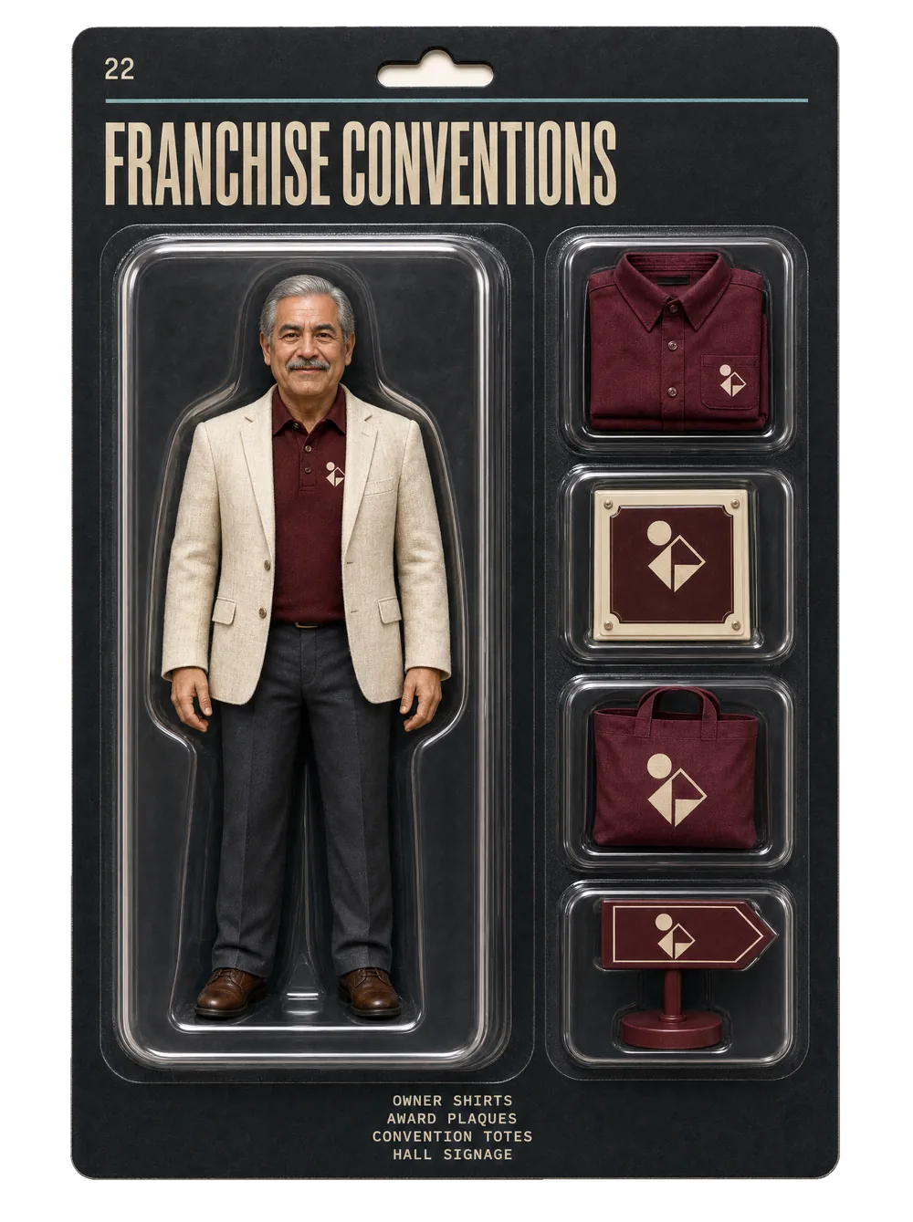 Franchise conventions figurine pack — collectible-style blister card holding an event crew figure and themed gear for franchise conventions.