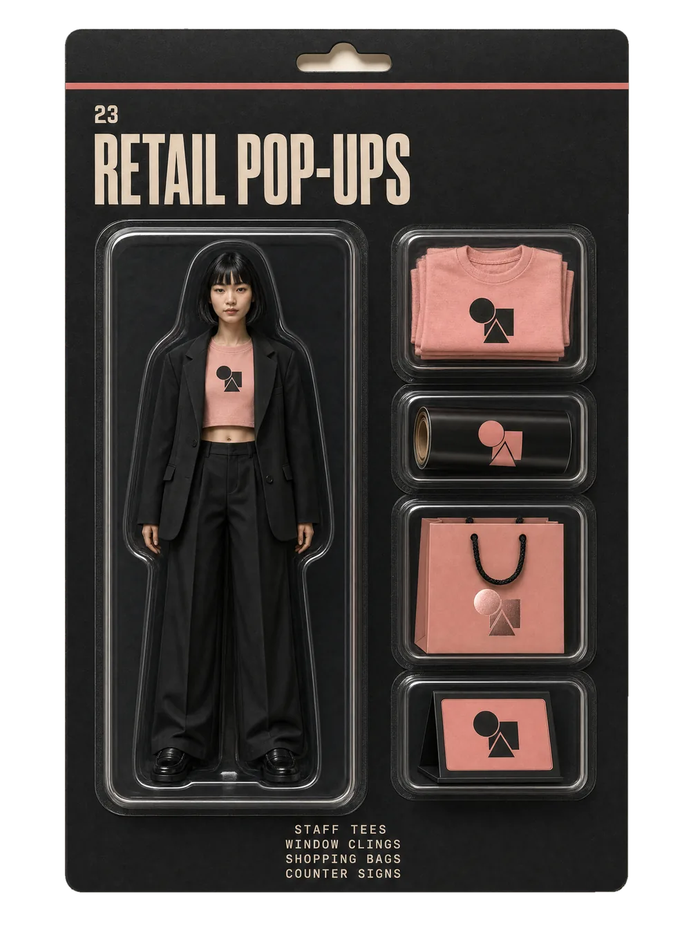 Retail pop-ups figurine pack — collectible-style blister card holding an event crew figure and themed gear for retail pop-ups.