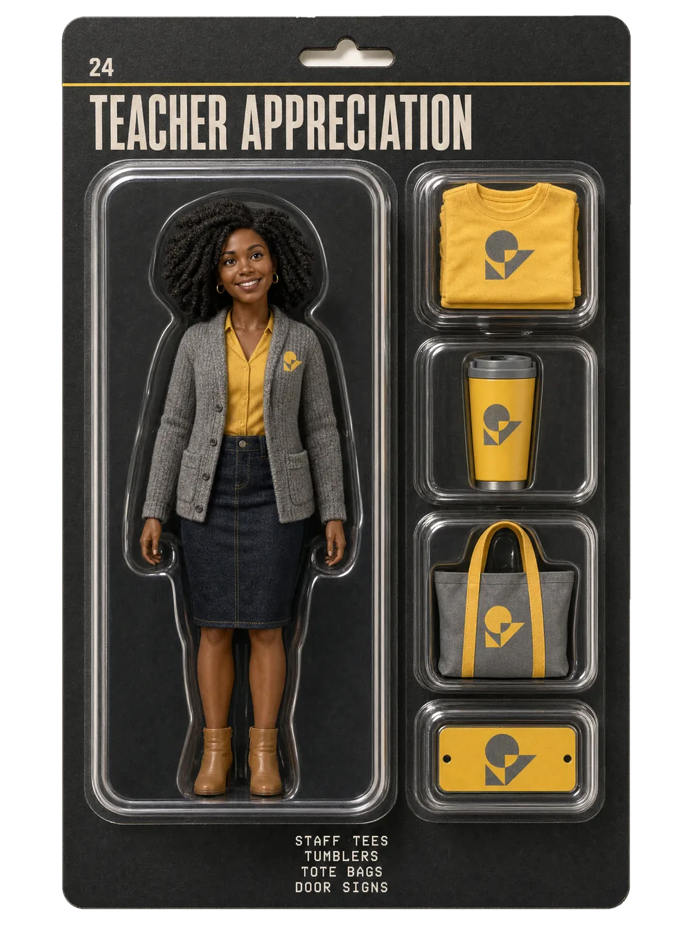 Teacher appreciation figurine pack — collectible-style blister card holding an event crew figure and themed gear for teacher appreciation.