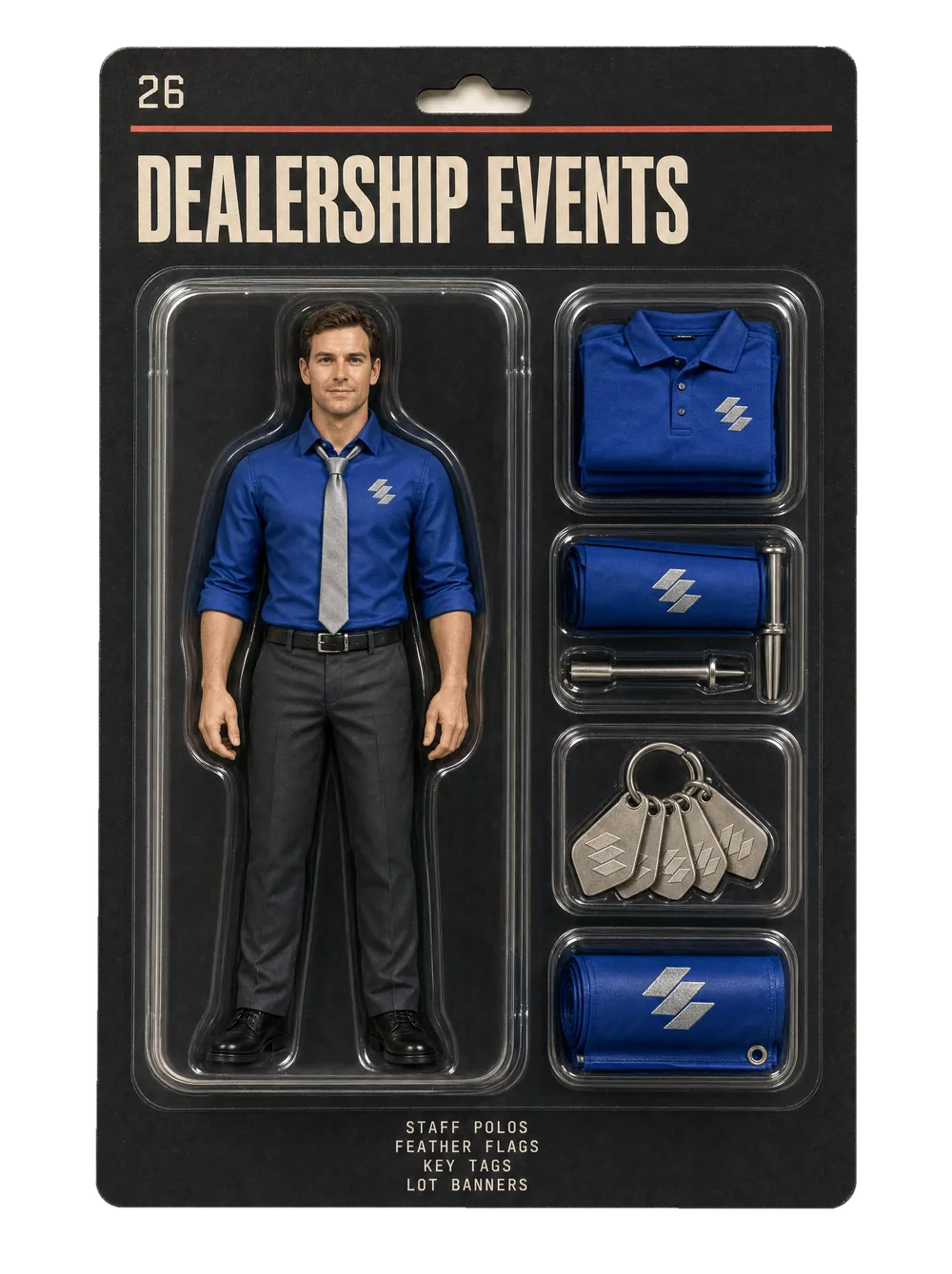 Dealership events figurine pack — collectible-style blister card holding an event crew figure and themed gear for dealership events.