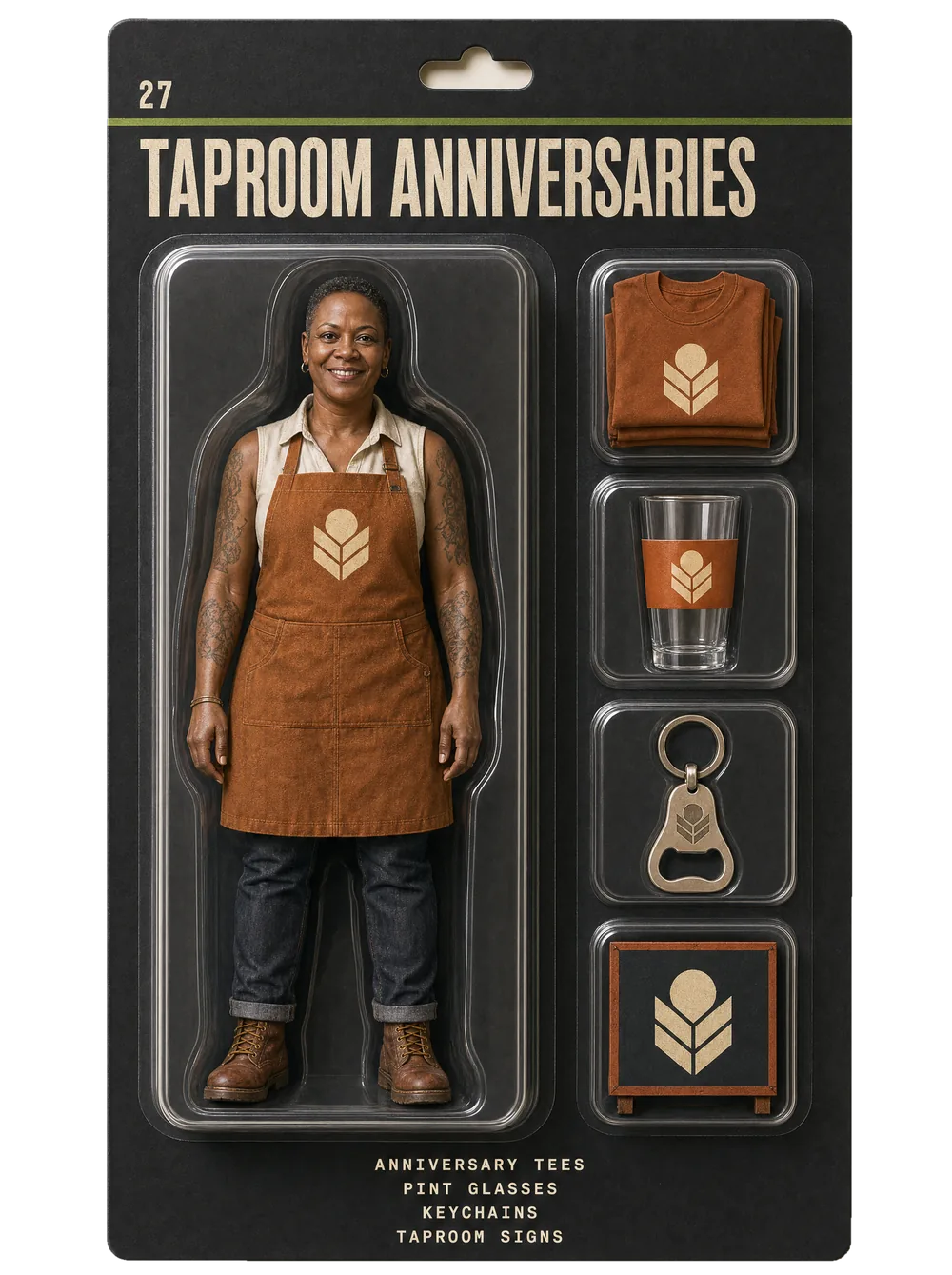 Taproom anniversaries figurine pack — collectible-style blister card holding an event crew figure and themed gear for taproom anniversaries.