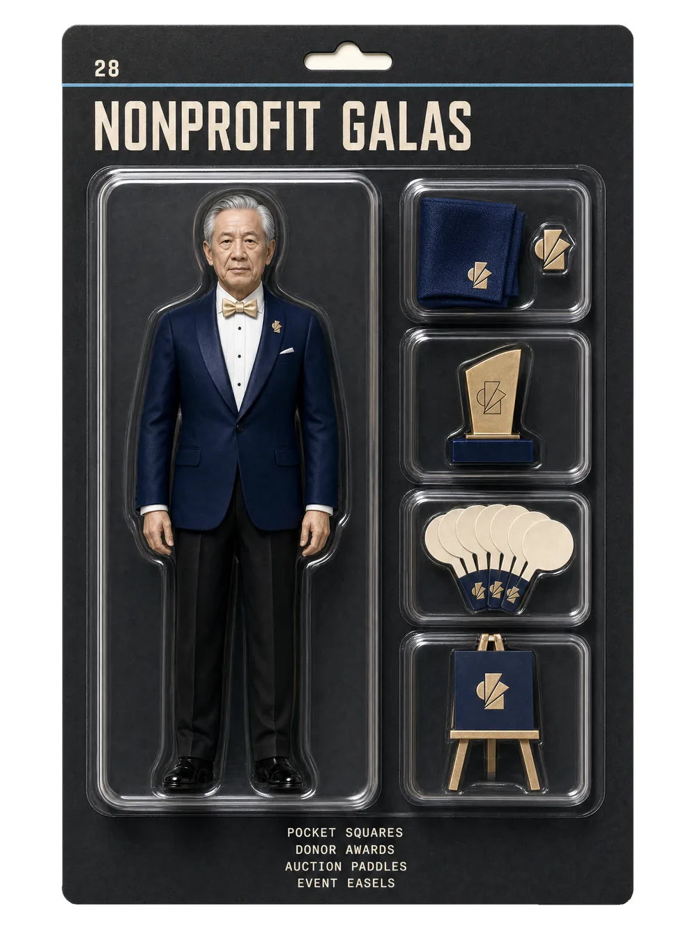 Nonprofit galas figurine pack — collectible-style blister card holding an event crew figure and themed gear for nonprofit galas.