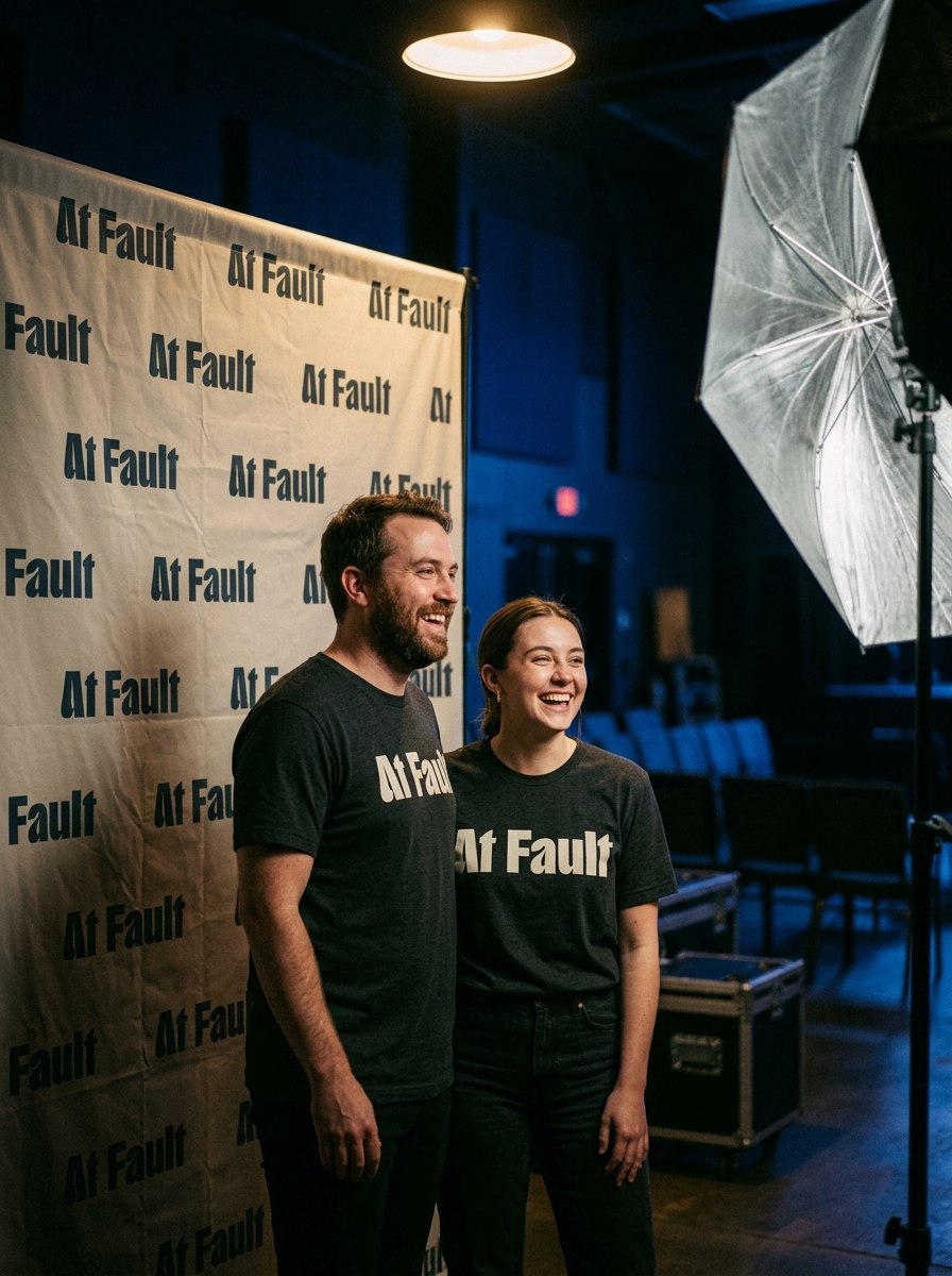 Two event hosts in coordinated shirts posing in front of a matching branded photo wall