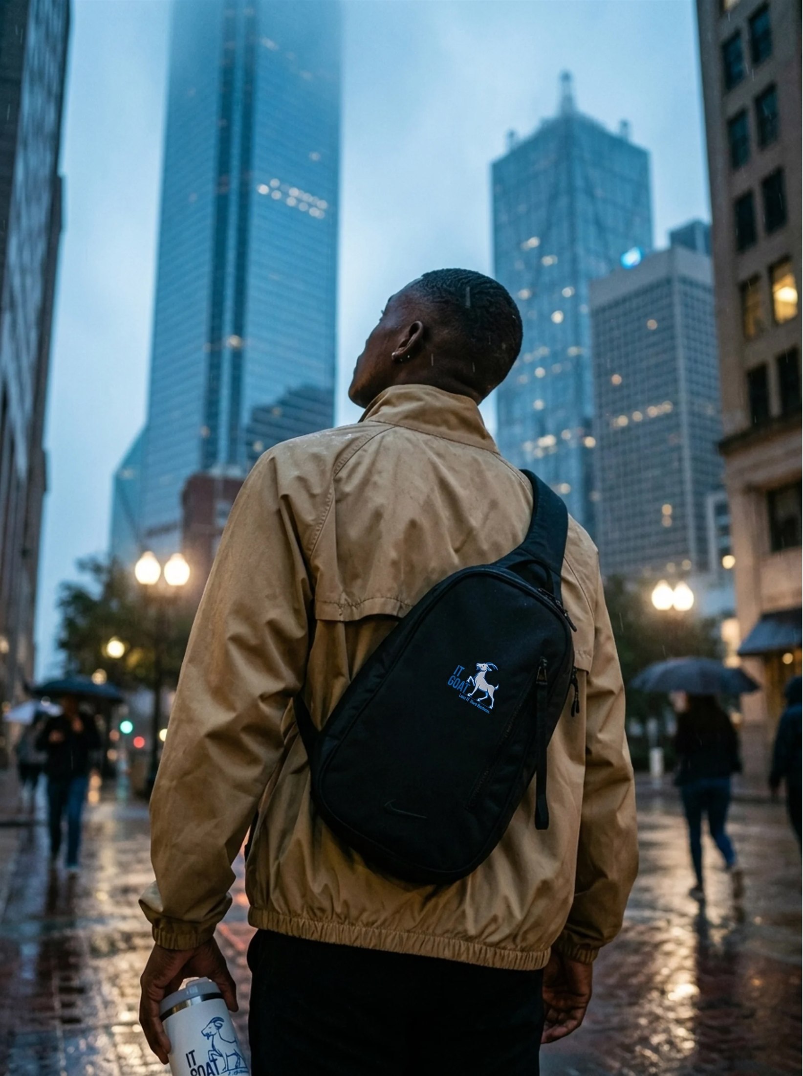 A commuter carrying a branded sling bag and matching tumbler