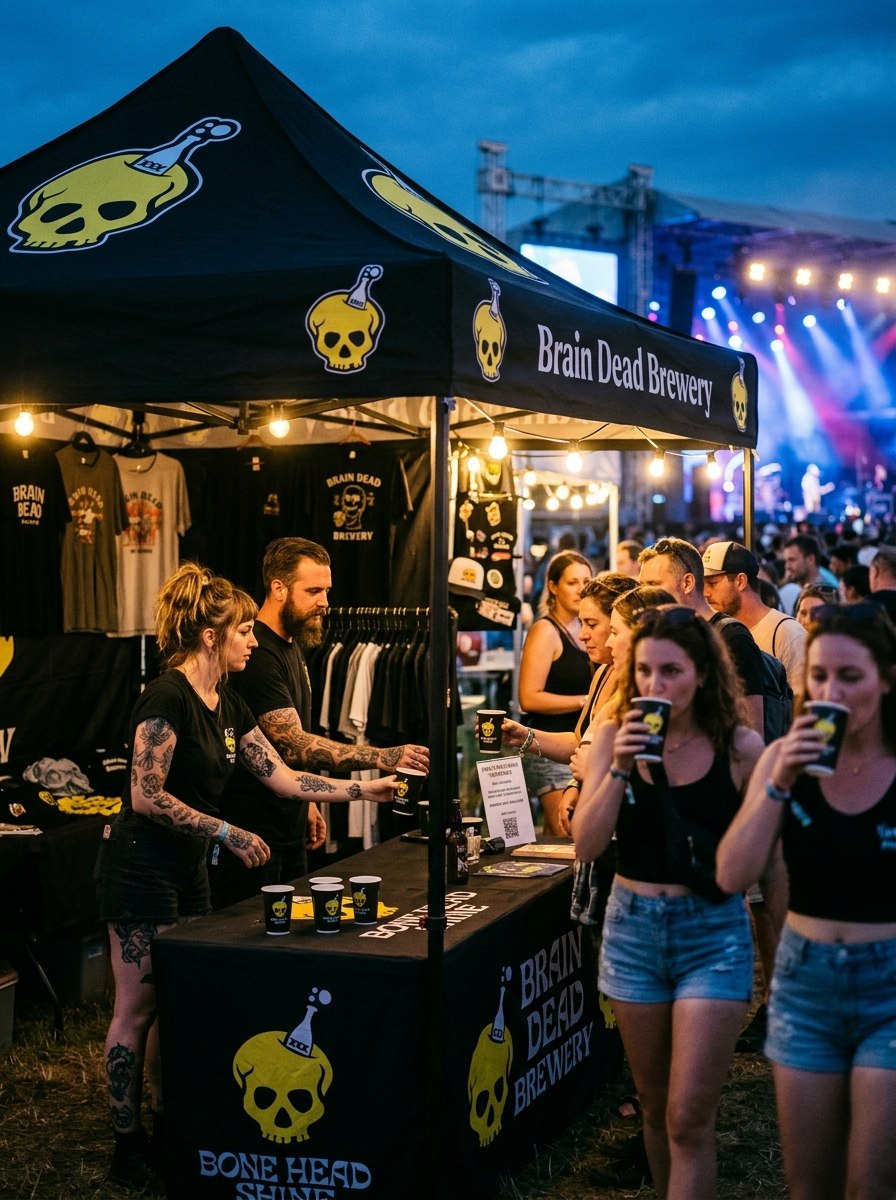 A brewery festival activation with a branded canopy, table cover, merchandise and guest service