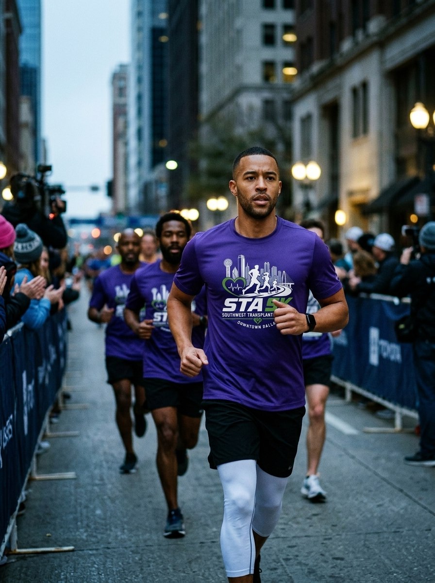 A runner wearing a coordinated event shirt during a community 5K