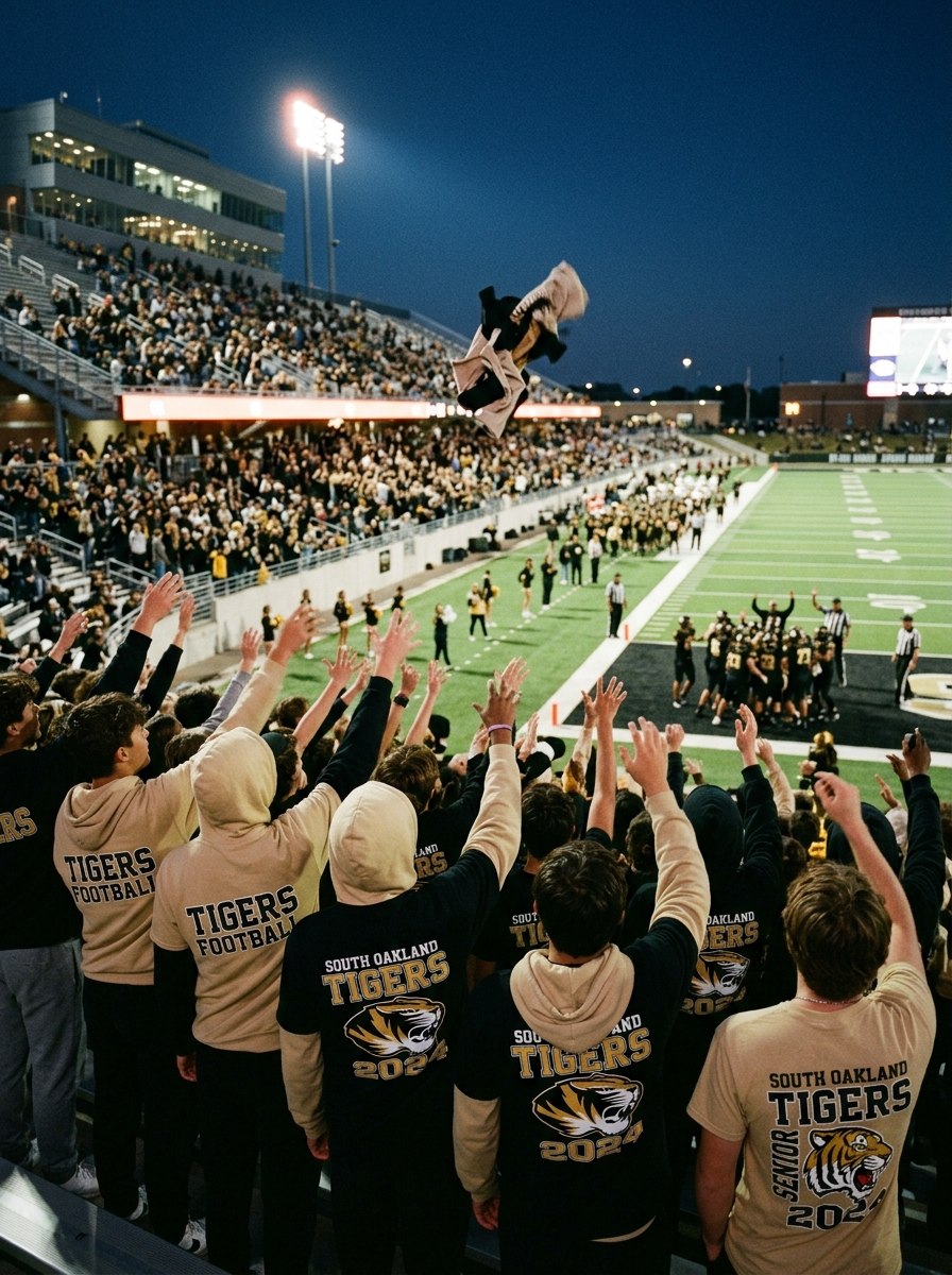 A stadium crowd wearing coordinated Tigers shirts and hoodies