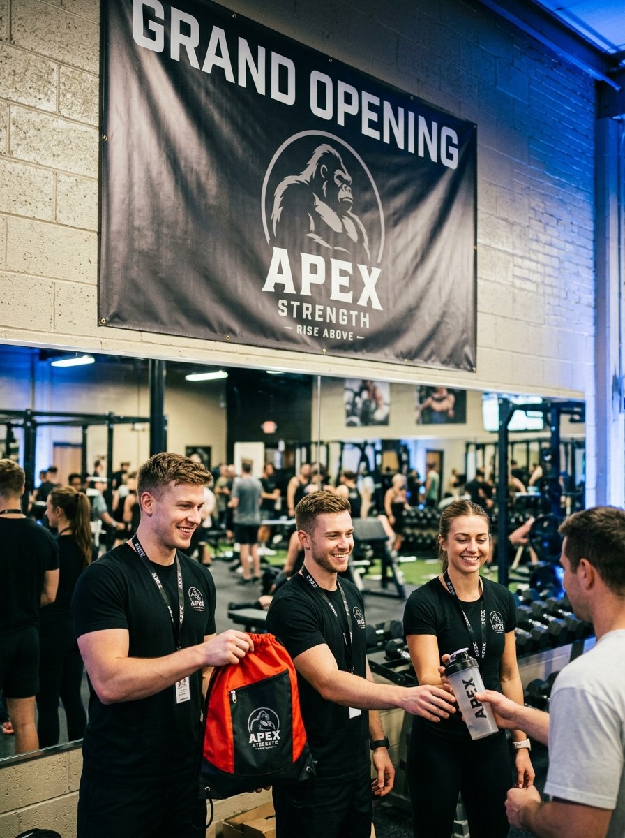 A gym grand opening with coordinated staff apparel, a branded banner, drawstring bags and drinkware
