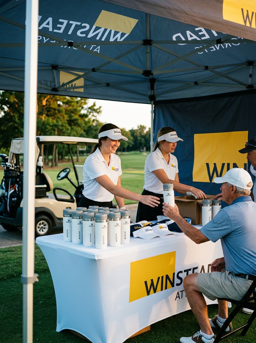 A golf tournament welcome station with coordinated tent graphics, table cover, apparel and player drinkware